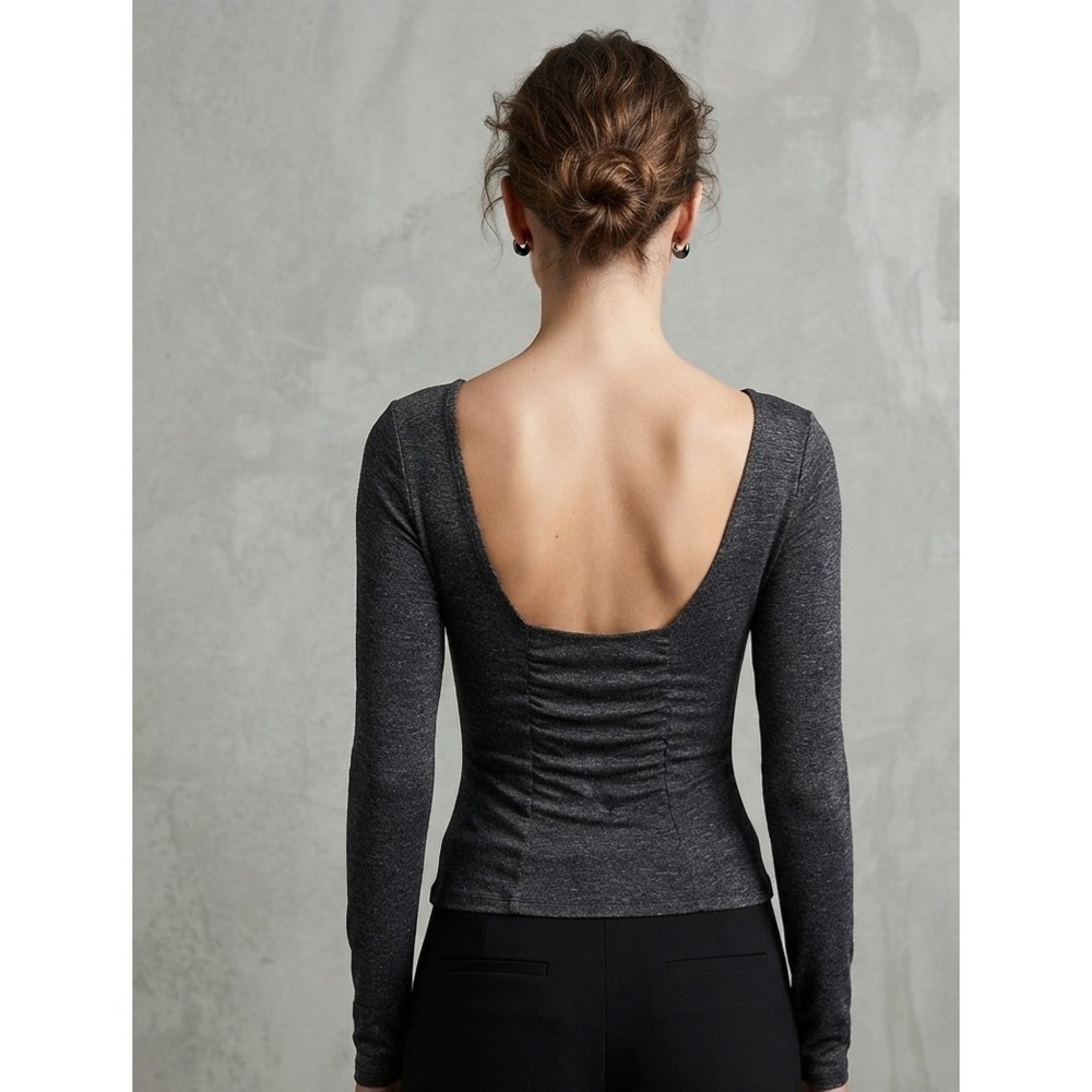 Lucy Open Back Ruched Long Sleeve Performance Top Heather Gray‎ Small
